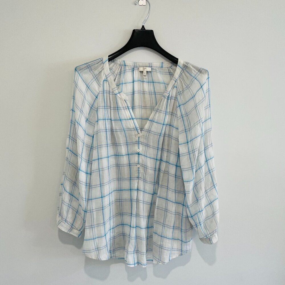 Joie White and Blue Plaid Long Sleeve Blouse Size L
